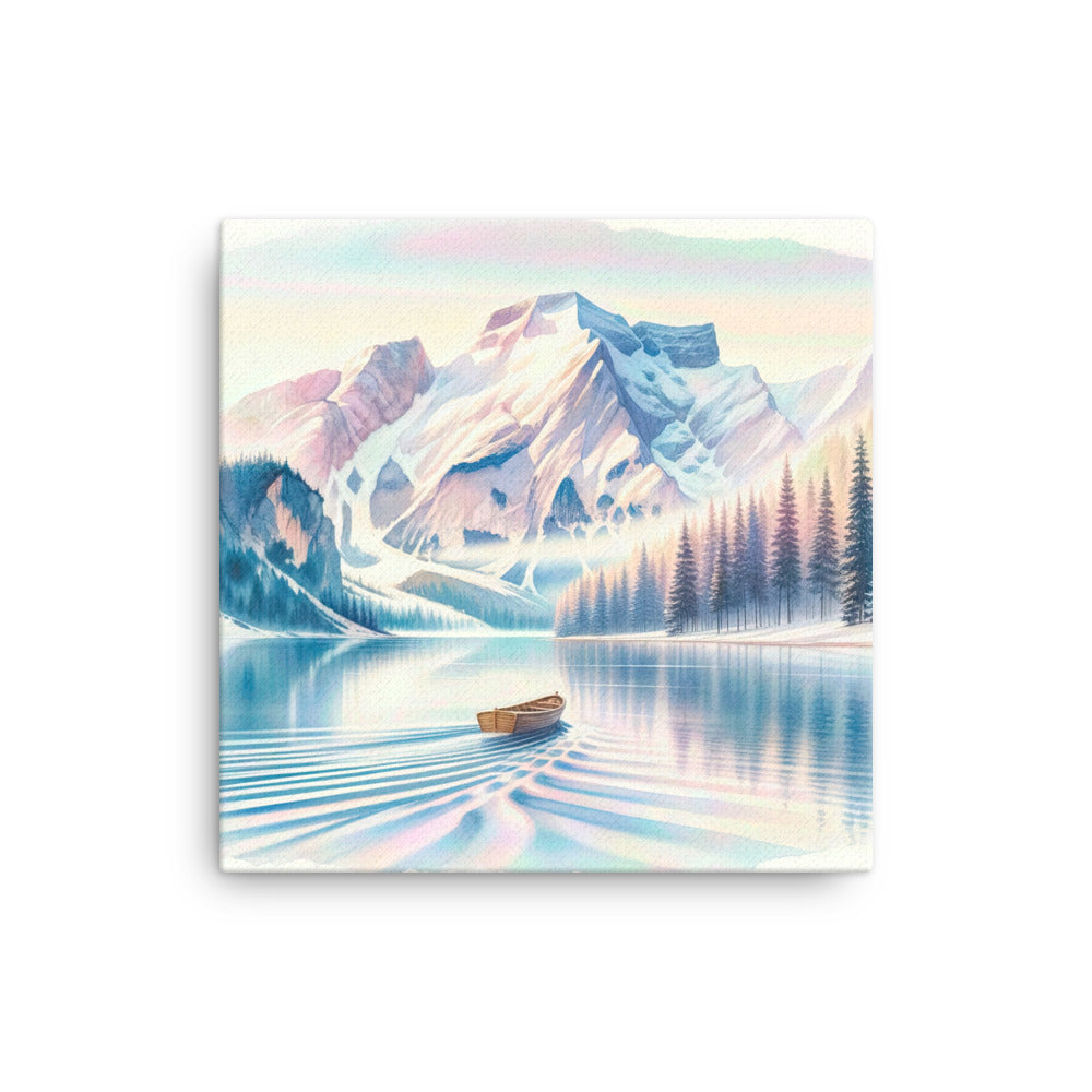 Aquarell eines klaren Alpenmorgens, Boot auf Bergsee in Pastelltönen - Dünne Leinwand berge xxx yyy zzz 40.6 x 40.6 cm