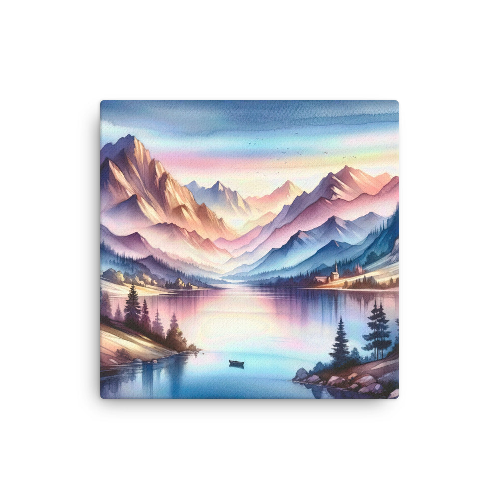 Aquarell einer Dämmerung in den Alpen, Boot auf einem See in Pastell-Licht - Dünne Leinwand berge xxx yyy zzz 40.6 x 40.6 cm