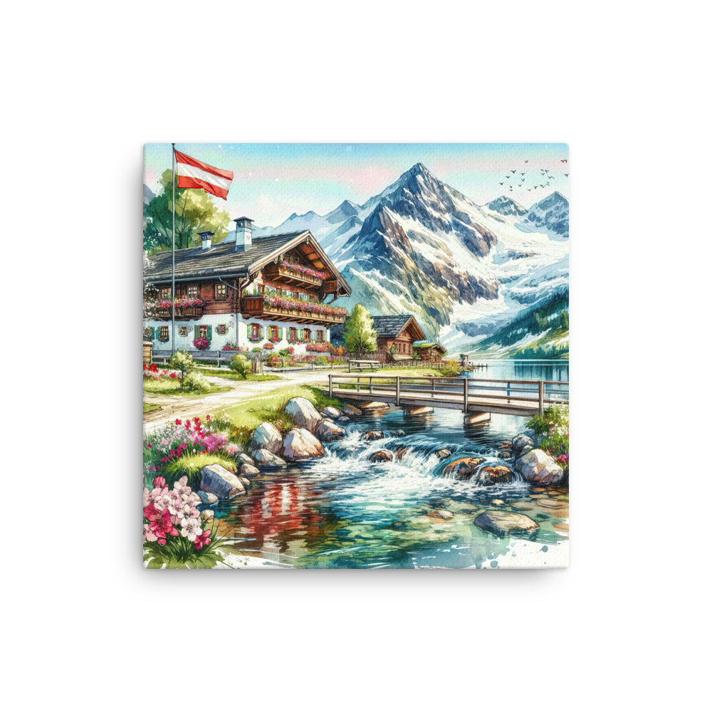 Aquarell der frühlingshaften Alpenkette mit österreichischer Flagge und schmelzendem Schnee - Dünne Leinwand berge xxx yyy zzz 40.6 x 40.6 cm