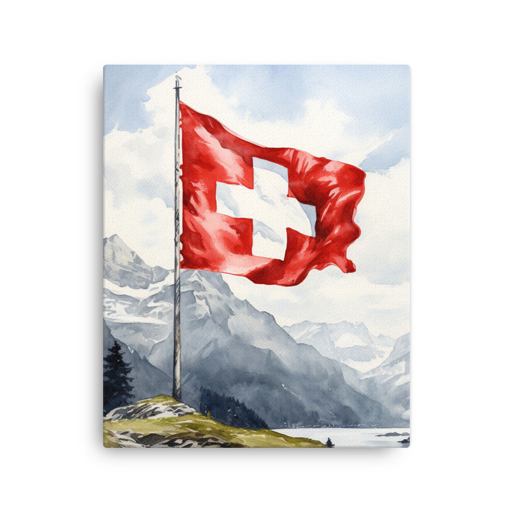 Schweizer Flagge und Berge im Hintergrund - Epische Stimmung - Malerei - Dünne Leinwand berge xxx 40.6 x 50.8 cm