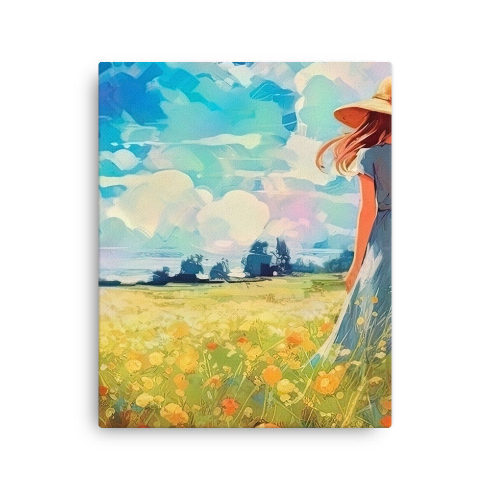 Dame mit Hut im Feld mit Blumen - Landschaftsmalerei - Dünne Leinwand camping xxx 40.6 x 50.8 cm