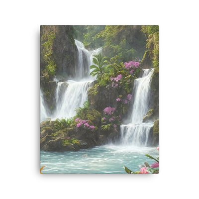 Wasserfall im Wald und Blumen - Schöne Malerei - Dünne Leinwand camping xxx 40.6 x 50.8 cm