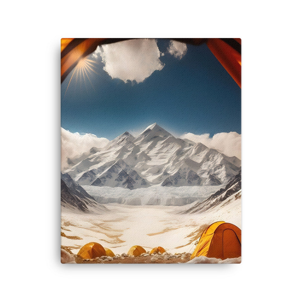 Foto aus dem Zelt - Berge und Zelte im Hintergrund - Tagesaufnahme - Dünne Leinwand camping xxx 40.6 x 50.8 cm