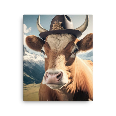 Kuh mit Hut in den Alpen - Berge im Hintergrund - Landschaftsmalerei - Dünne Leinwand berge xxx 40.6 x 50.8 cm