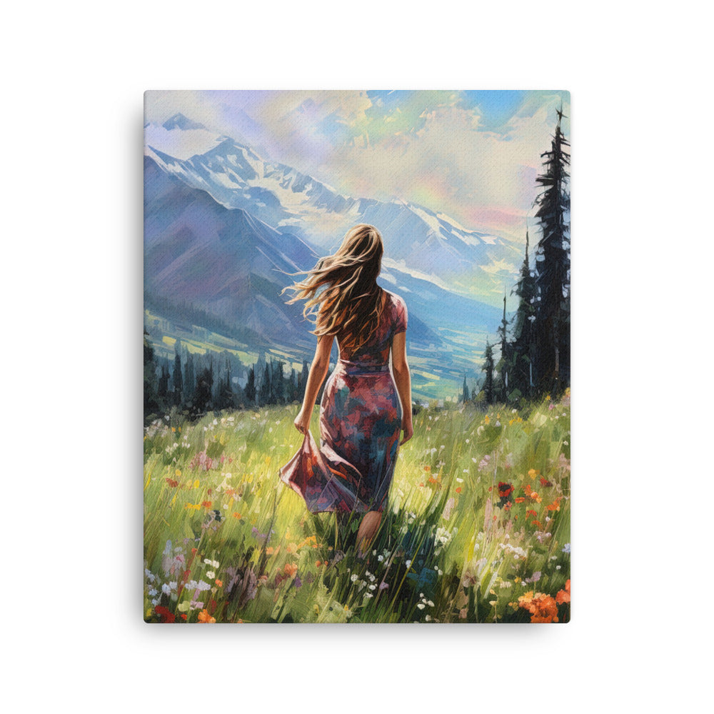 Frau mit langen Kleid im Feld mit Blumen - Berge im Hintergrund - Malerei - Dünne Leinwand berge xxx 40.6 x 50.8 cm