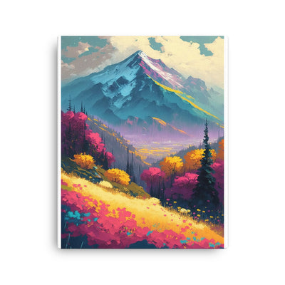 Berge, pinke und gelbe Bäume, sowie Blumen - Farbige Malerei - Dünne Leinwand berge xxx 40.6 x 50.8 cm