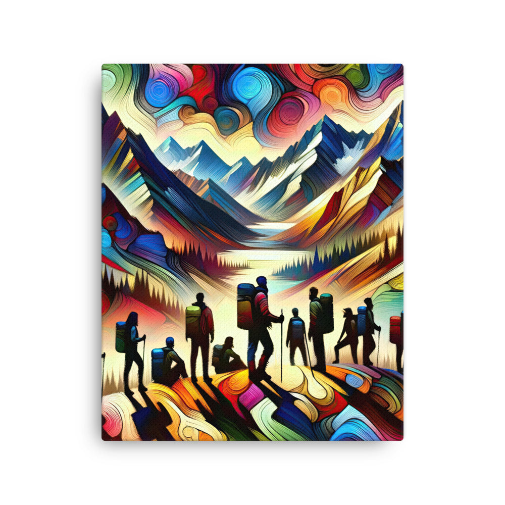 Abstraktes Kunstgemälde der Alpen voller lebendiger Muster. Ein vielfältiges Wanderteam, sowohl Männer als auch Frauen - Thin Canvas wandern xxx yyy zzz 40.6 x 50.8 cm