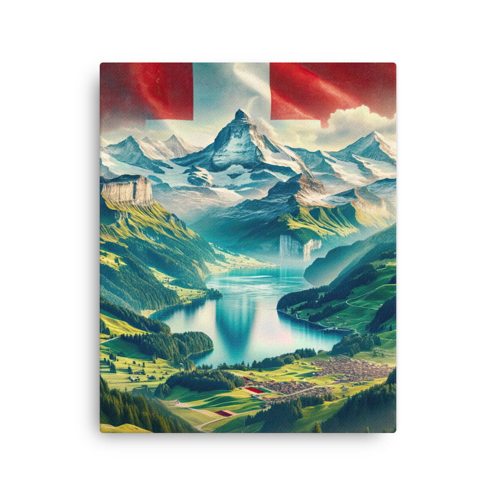 Berg Panorama: Schneeberge und Täler mit Schweizer Flagge - Dünne Leinwand berge xxx yyy zzz 40.6 x 50.8 cm