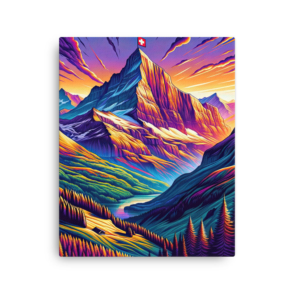 Bergpracht mit Schweizer Flagge: Farbenfrohe Illustration einer Berglandschaft - Dünne Leinwand berge xxx yyy zzz 40.6 x 50.8 cm