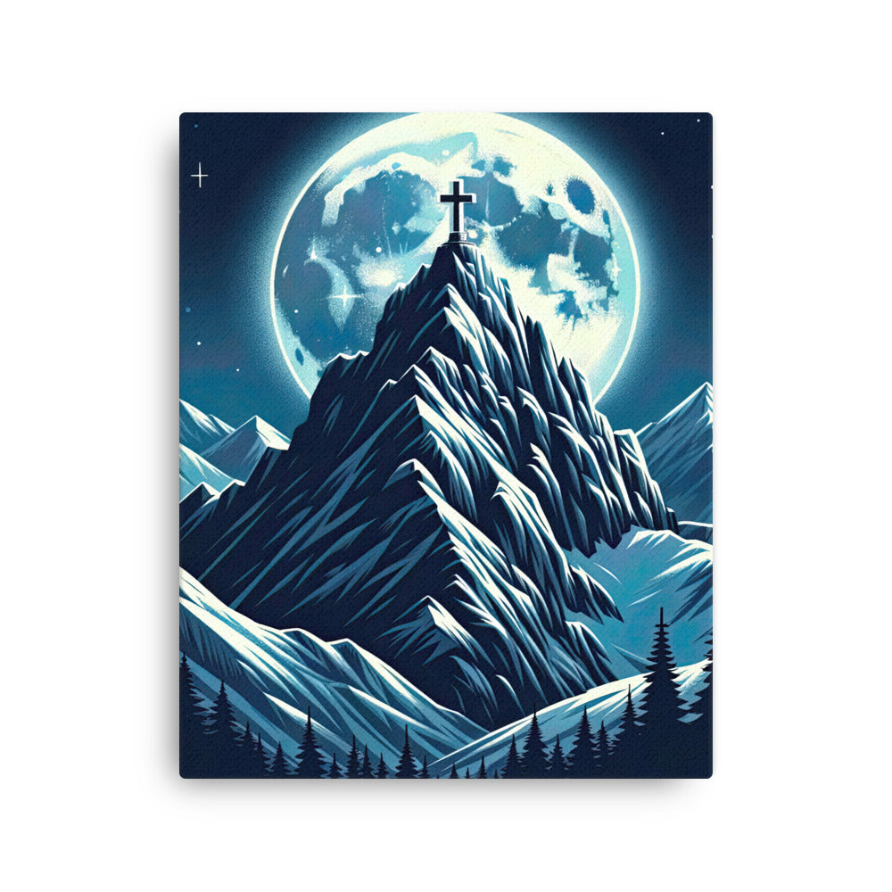 Mondnacht und Gipfelkreuz in den Alpen, glitzernde Schneegipfel - Dünne Leinwand berge xxx yyy zzz 40.6 x 50.8 cm
