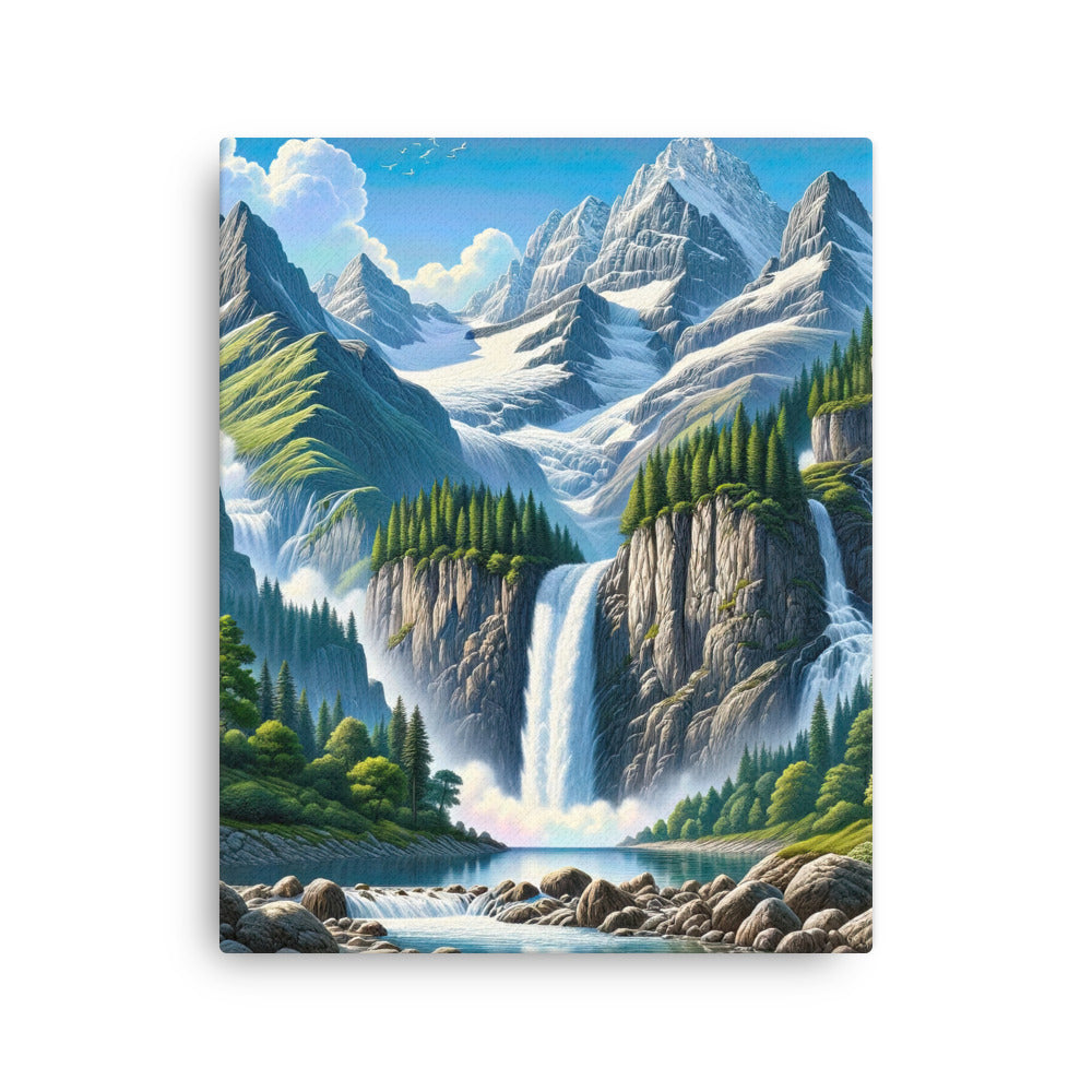 Illustration einer unberührten Alpenkulisse im Hochsommer. Wasserfall und See - Dünne Leinwand berge xxx yyy zzz 40.6 x 50.8 cm