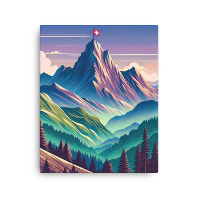 Harmonische Berglandschaft mit Schweizer Flagge auf Gipfel - Dünne Leinwand berge xxx yyy zzz 40.6 x 50.8 cm