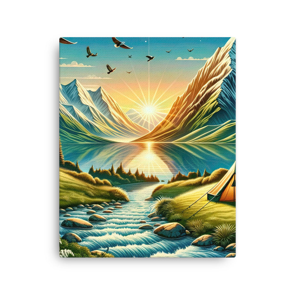 Zelt im Alpenmorgen mit goldenem Licht, Schneebergen und unberührten Seen - Dünne Leinwand berge xxx yyy zzz 40.6 x 50.8 cm