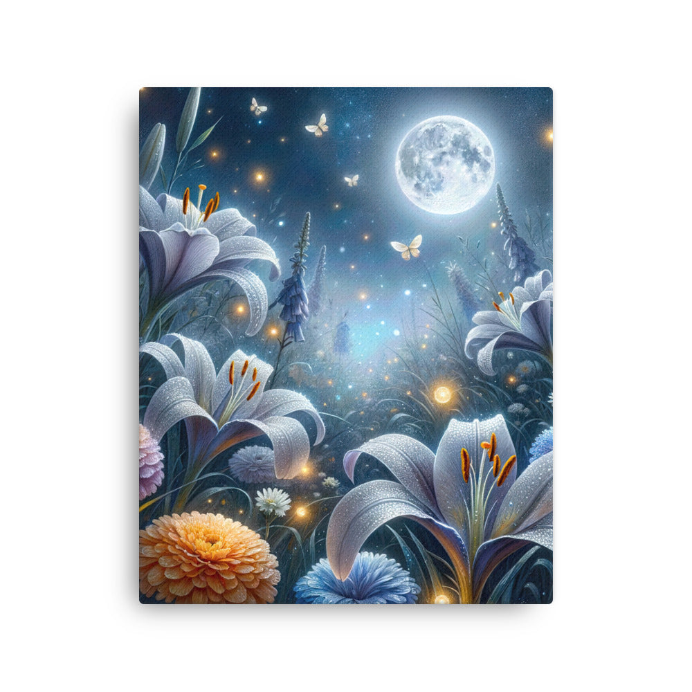 Ätherische Mondnacht auf blühender Wiese, silbriger Blumenglanz - Dünne Leinwand camping xxx yyy zzz 40.6 x 50.8 cm