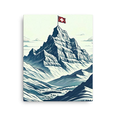 Ausgedehnte Bergkette mit dominierendem Gipfel und wehender Schweizer Flagge - Dünne Leinwand berge xxx yyy zzz 40.6 x 50.8 cm