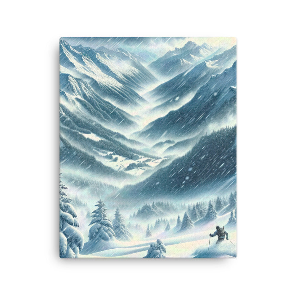 Alpine Wildnis im Wintersturm mit Skifahrer, verschneite Landschaft - Dünne Leinwand klettern ski xxx yyy zzz 40.6 x 50.8 cm