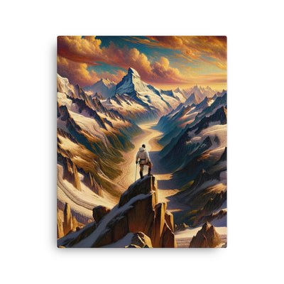Ölgemälde eines Wanderers auf einem Hügel mit Panoramablick auf schneebedeckte Alpen und goldenen Himmel - Dünne Leinwand wandern xxx yyy zzz 40.6 x 50.8 cm