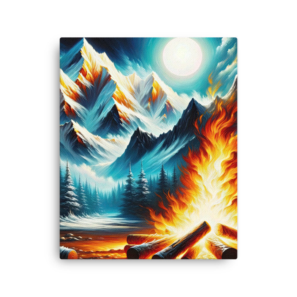 Ölgemälde von Feuer und Eis: Lagerfeuer und Alpen im Kontrast, warme Flammen - Dünne Leinwand camping xxx yyy zzz 40.6 x 50.8 cm