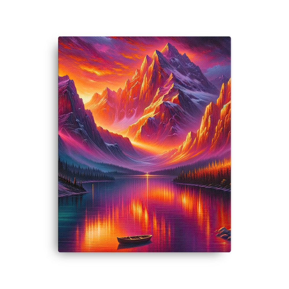 Ölgemälde eines Bootes auf einem Bergsee bei Sonnenuntergang, lebendige Orange-Lila Töne - Dünne Leinwand berge xxx yyy zzz 40.6 x 50.8 cm