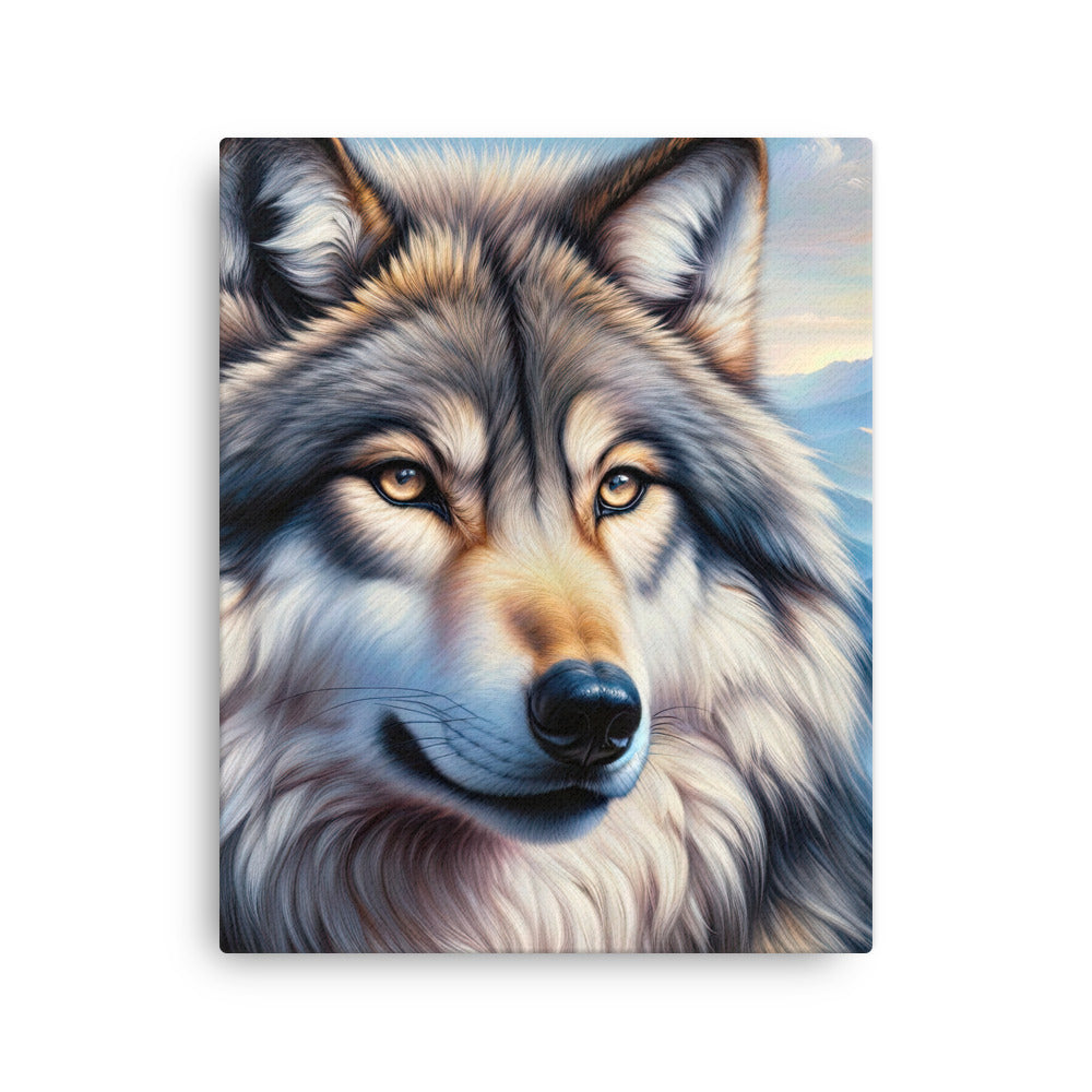 Ölgemäldeporträt eines majestätischen Wolfes mit intensiven Augen in der Berglandschaft (AN) - Dünne Leinwand xxx yyy zzz 40.6 x 50.8 cm