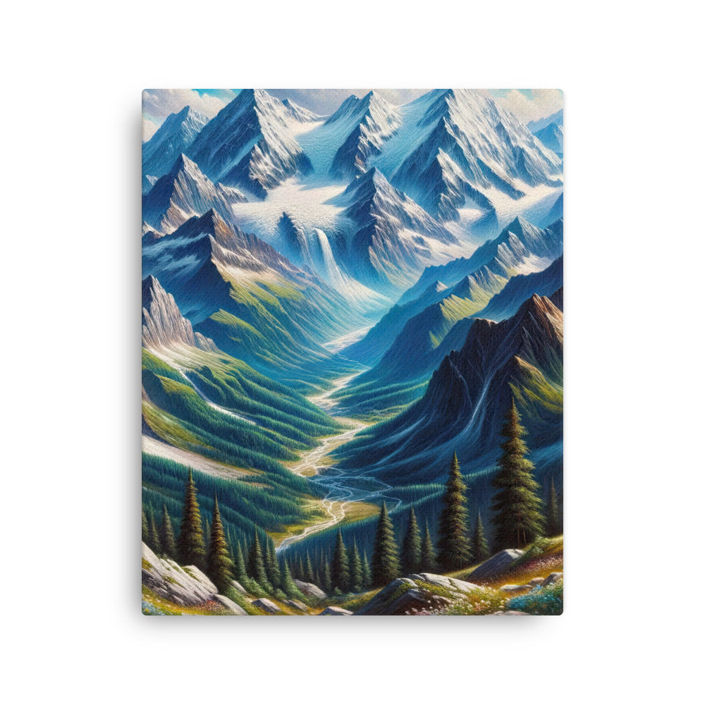 Panorama-Ölgemälde der Alpen mit schneebedeckten Gipfeln und schlängelnden Flusstälern - Dünne Leinwand berge xxx yyy zzz 40.6 x 50.8 cm