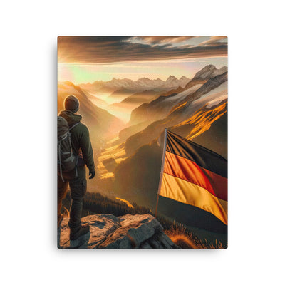 Foto der Alpen bei Sonnenuntergang mit deutscher Flagge und Wanderer, goldenes Licht auf Schneegipfeln - Dünne Leinwand berge xxx yyy zzz 40.6 x 50.8 cm