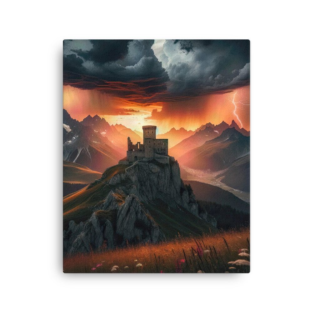 Foto einer Alpenburg bei stürmischem Sonnenuntergang, dramatische Wolken und Sonnenstrahlen - Dünne Leinwand berge xxx yyy zzz 40.6 x 50.8 cm