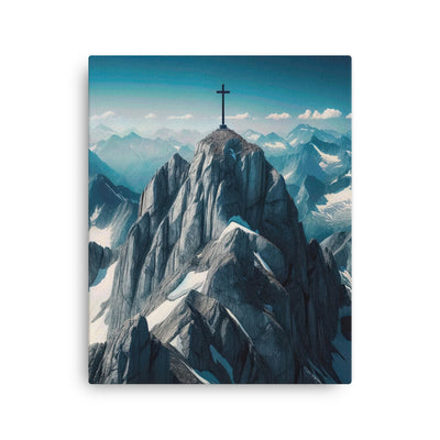 Foto der Alpen mit Gipfelkreuz an einem klaren Tag, schneebedeckte Spitzen vor blauem Himmel - Dünne Leinwand berge xxx yyy zzz 40.6 x 50.8 cm