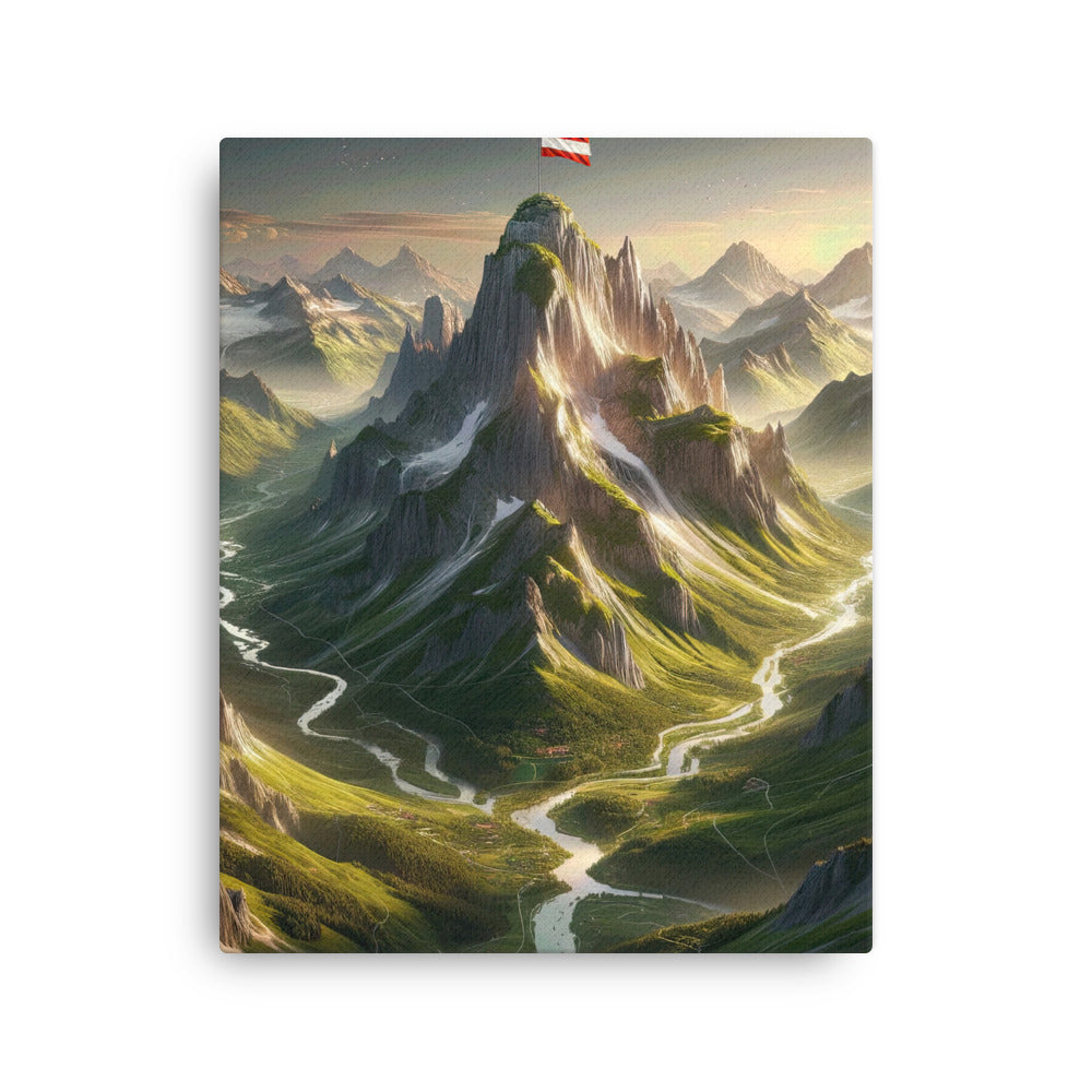 Fotorealistisches Bild der Alpen mit österreichischer Flagge, scharfen Gipfeln und grünen Tälern - Dünne Leinwand berge xxx yyy zzz 40.6 x 50.8 cm