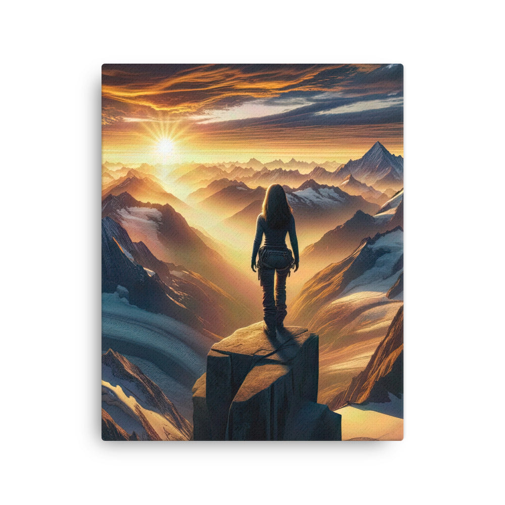 Fotorealistische Darstellung der Alpen bei Sonnenaufgang, Wanderin unter einem gold-purpurnen Himmel - Dünne Leinwand wandern xxx yyy zzz 40.6 x 50.8 cm