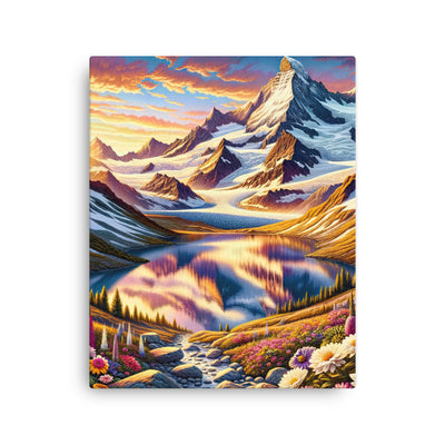 Quadratische Illustration der Alpen mit schneebedeckten Gipfeln und Wildblumen - Dünne Leinwand berge xxx yyy zzz 40.6 x 50.8 cm