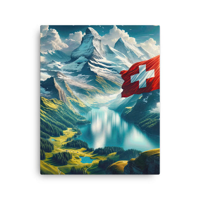 Ultraepische, fotorealistische Darstellung der Schweizer Alpenlandschaft mit Schweizer Flagge - Dünne Leinwand berge xxx yyy zzz 40.6 x 50.8 cm