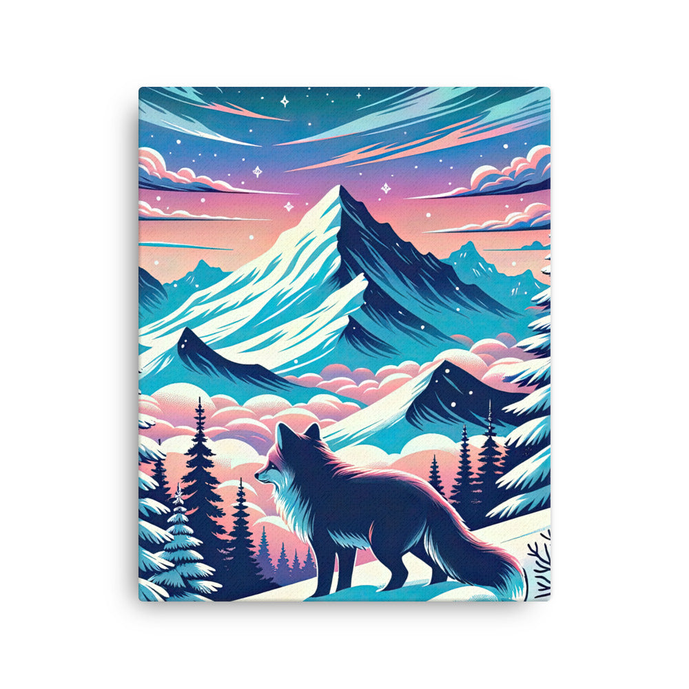 Vektorgrafik eines alpinen Winterwunderlandes mit schneebedeckten Kiefern und einem Fuchs - Dünne Leinwand camping xxx yyy zzz 40.6 x 50.8 cm