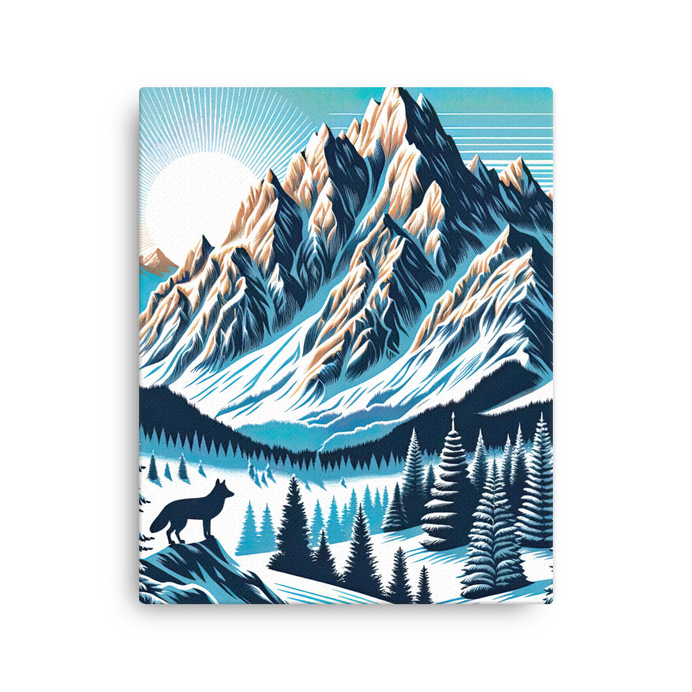 Vektorgrafik eines Wolfes im winterlichen Alpenmorgen, Berge mit Schnee- und Felsmustern - Dünne Leinwand berge xxx yyy zzz 40.6 x 50.8 cm