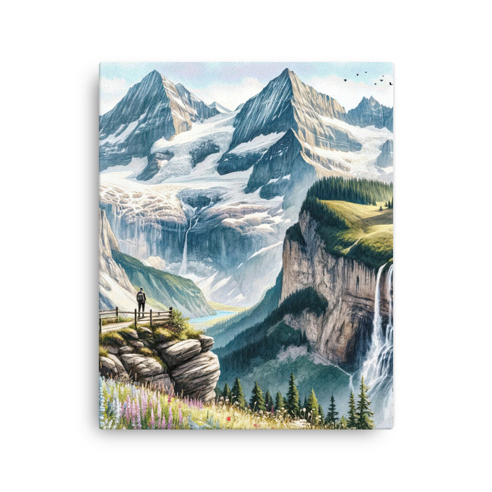 Aquarell-Panoramablick der Alpen mit schneebedeckten Gipfeln, Wasserfällen und Wanderern - Dünne Leinwand wandern xxx yyy zzz 40.6 x 50.8 cm