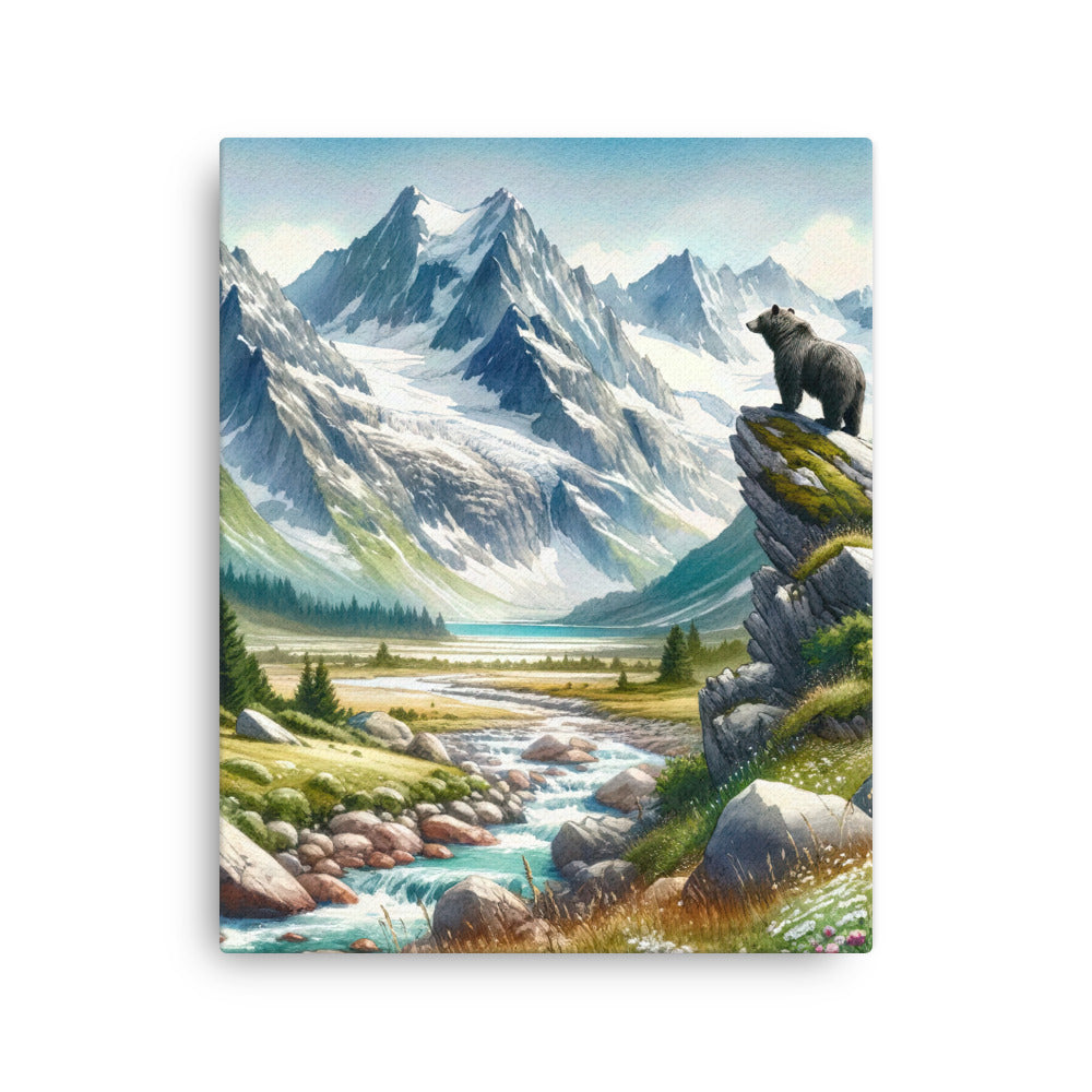 Aquarellmalerei eines Bären und der sommerlichen Alpenschönheit mit schneebedeckten Ketten - Dünne Leinwand camping xxx yyy zzz 40.6 x 50.8 cm