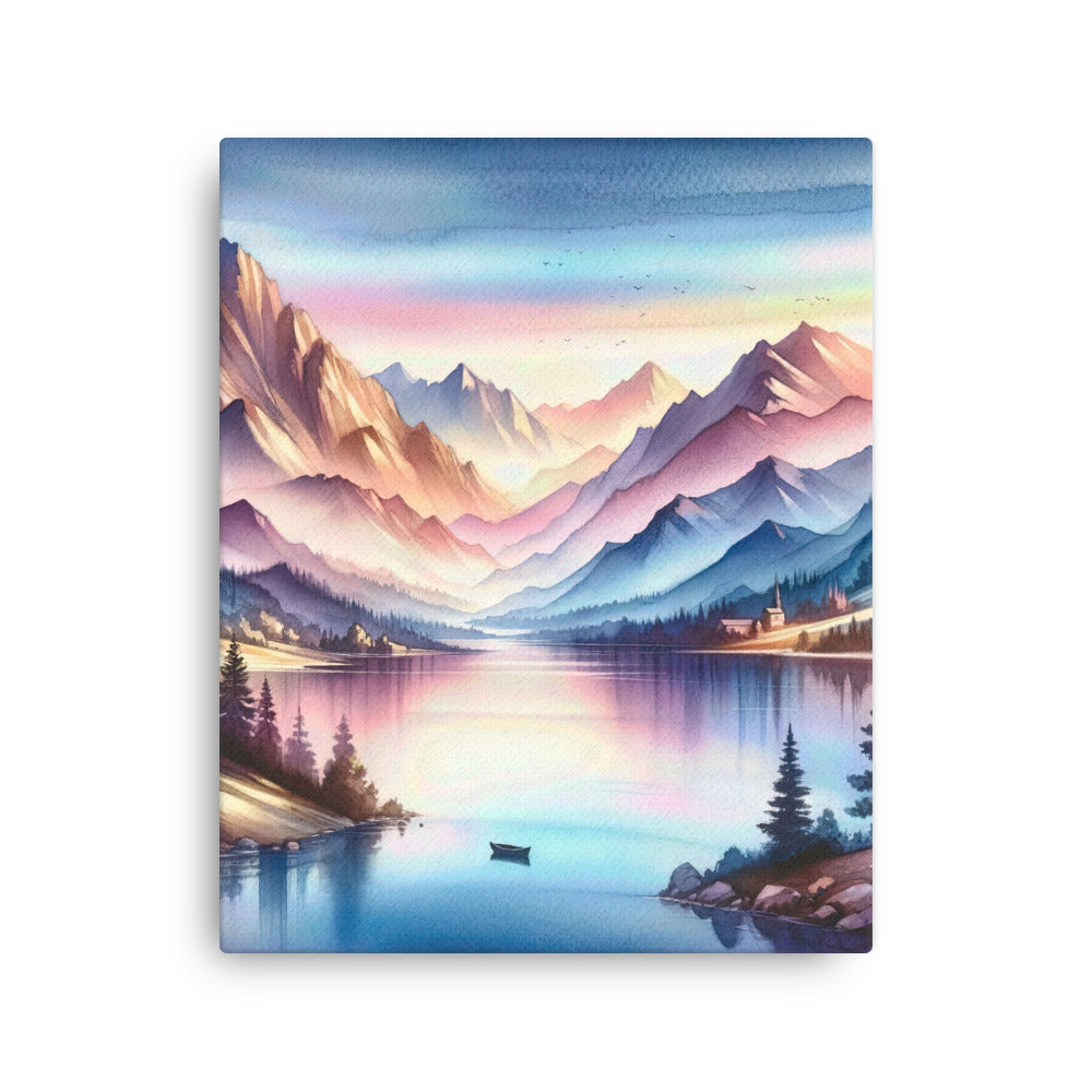Aquarell einer Dämmerung in den Alpen, Boot auf einem See in Pastell-Licht - Dünne Leinwand berge xxx yyy zzz 40.6 x 50.8 cm