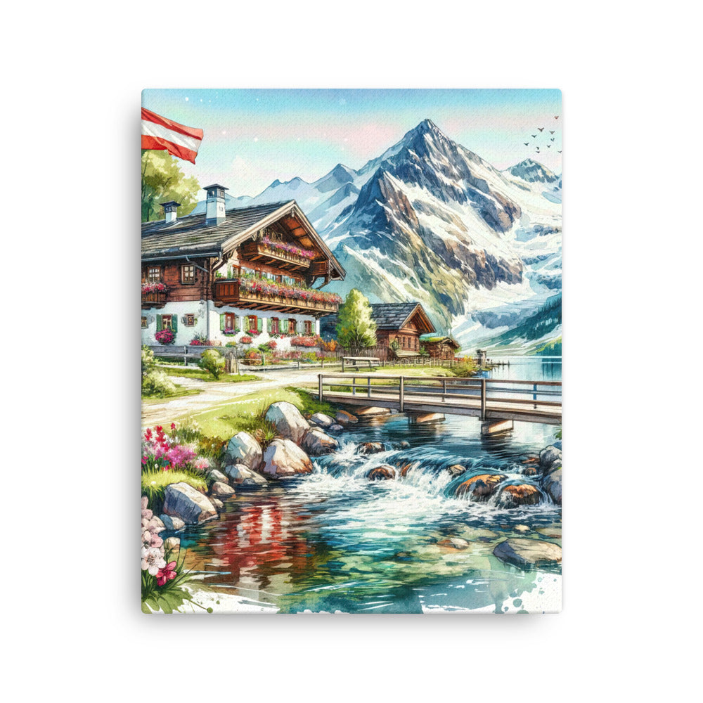 Aquarell der frühlingshaften Alpenkette mit österreichischer Flagge und schmelzendem Schnee - Dünne Leinwand berge xxx yyy zzz 40.6 x 50.8 cm