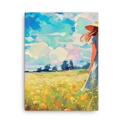 Dame mit Hut im Feld mit Blumen - Landschaftsmalerei - Dünne Leinwand camping xxx 45.7 x 61 cm