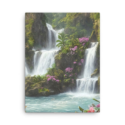 Wasserfall im Wald und Blumen - Schöne Malerei - Dünne Leinwand camping xxx 45.7 x 61 cm