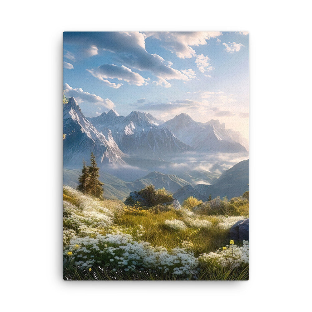 Berglandschaft mit Sonnenschein, Blumen und Bäumen - Malerei - Dünne Leinwand berge xxx 45.7 x 61 cm