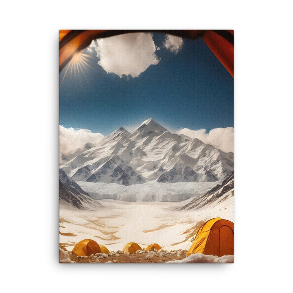 Foto aus dem Zelt - Berge und Zelte im Hintergrund - Tagesaufnahme - Dünne Leinwand camping xxx 45.7 x 61 cm