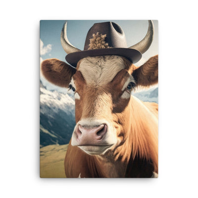 Kuh mit Hut in den Alpen - Berge im Hintergrund - Landschaftsmalerei - Dünne Leinwand berge xxx 45.7 x 61 cm