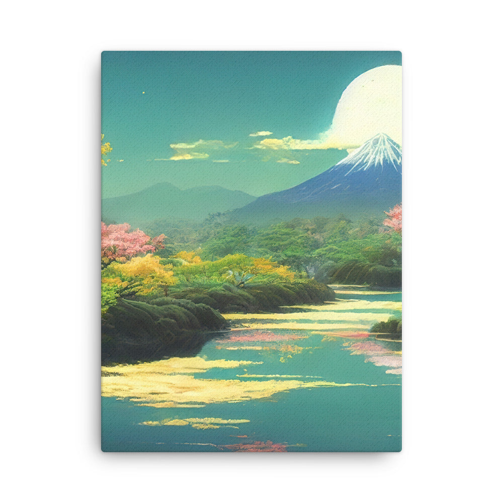 Berg, See und Wald mit pinken Bäumen - Landschaftsmalerei - Dünne Leinwand berge xxx 45.7 x 61 cm