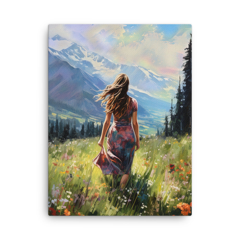 Frau mit langen Kleid im Feld mit Blumen - Berge im Hintergrund - Malerei - Dünne Leinwand berge xxx 45.7 x 61 cm