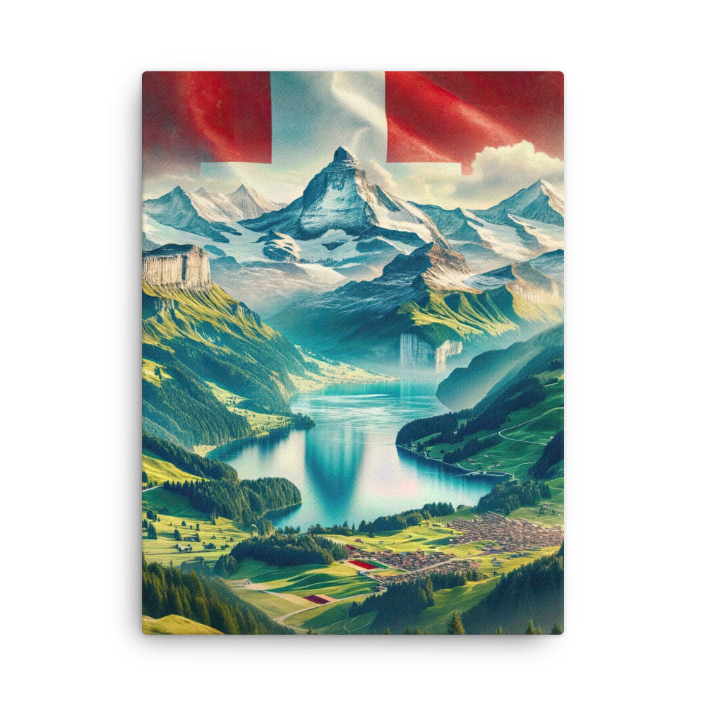 Berg Panorama: Schneeberge und Täler mit Schweizer Flagge - Dünne Leinwand berge xxx yyy zzz 45.7 x 61 cm