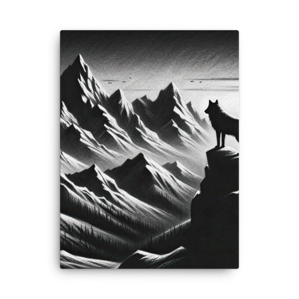 Kohlezeichnung, die die stille Stille der Alpen in der Winterdämmerung verkörpert. Wolf auf einem Berghügel (AN) - Dünne Leinwand xxx yyy zzz 45.7 x 61 cm