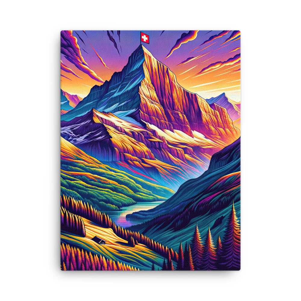 Bergpracht mit Schweizer Flagge: Farbenfrohe Illustration einer Berglandschaft - Dünne Leinwand berge xxx yyy zzz 45.7 x 61 cm