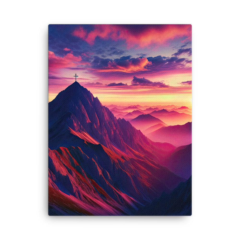 Dramatischer Alpen-Sonnenaufgang, Gipfelkreuz und warme Himmelsfarben - Dünne Leinwand berge xxx yyy zzz 45.7 x 61 cm