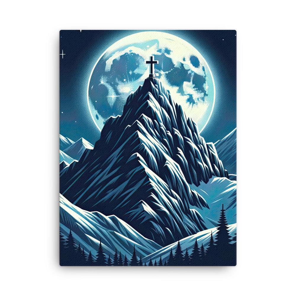 Mondnacht und Gipfelkreuz in den Alpen, glitzernde Schneegipfel - Dünne Leinwand berge xxx yyy zzz 45.7 x 61 cm